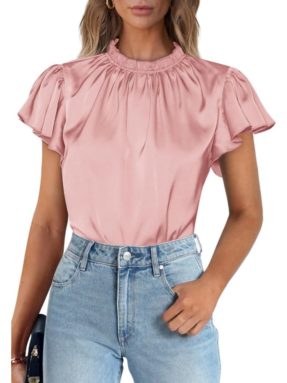 Women's Pink Blouse Ruffled Neck Flutter Sleeve Office Work Silk Top